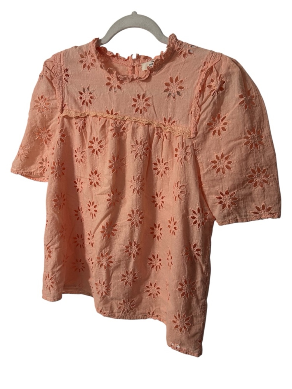 Entro Peach Eyelet Lace Blouse Boho Romantic Puff Sleeve Pastel Cottagecore